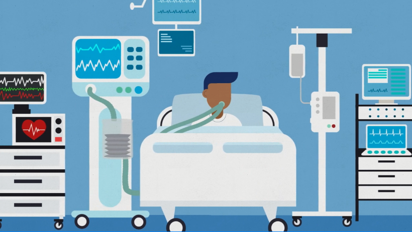 Cartoon image of a patient in intensive care