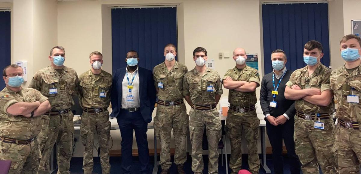 Army personnel at Newham University Hospital with Barts Health staff