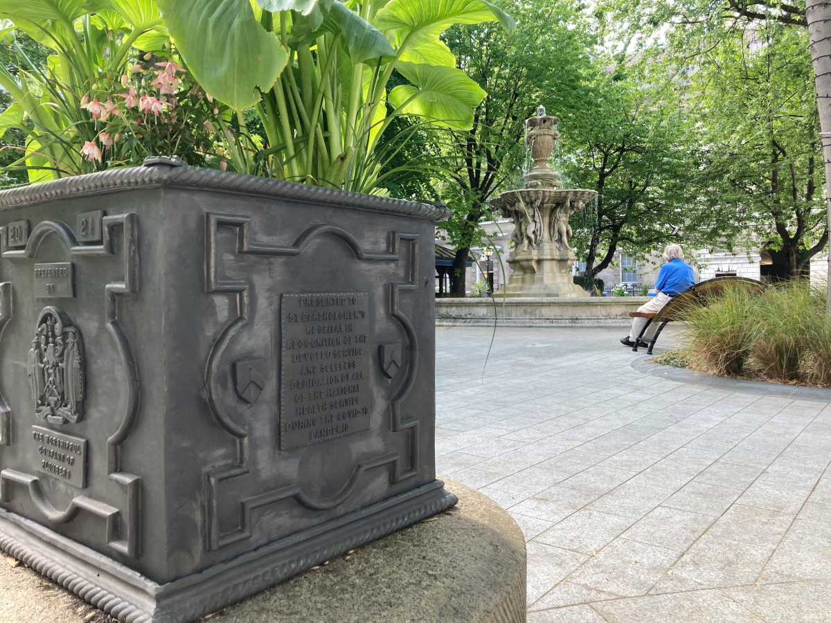 Plumber planter in St Bartholomew's Hospital square, fountain shot