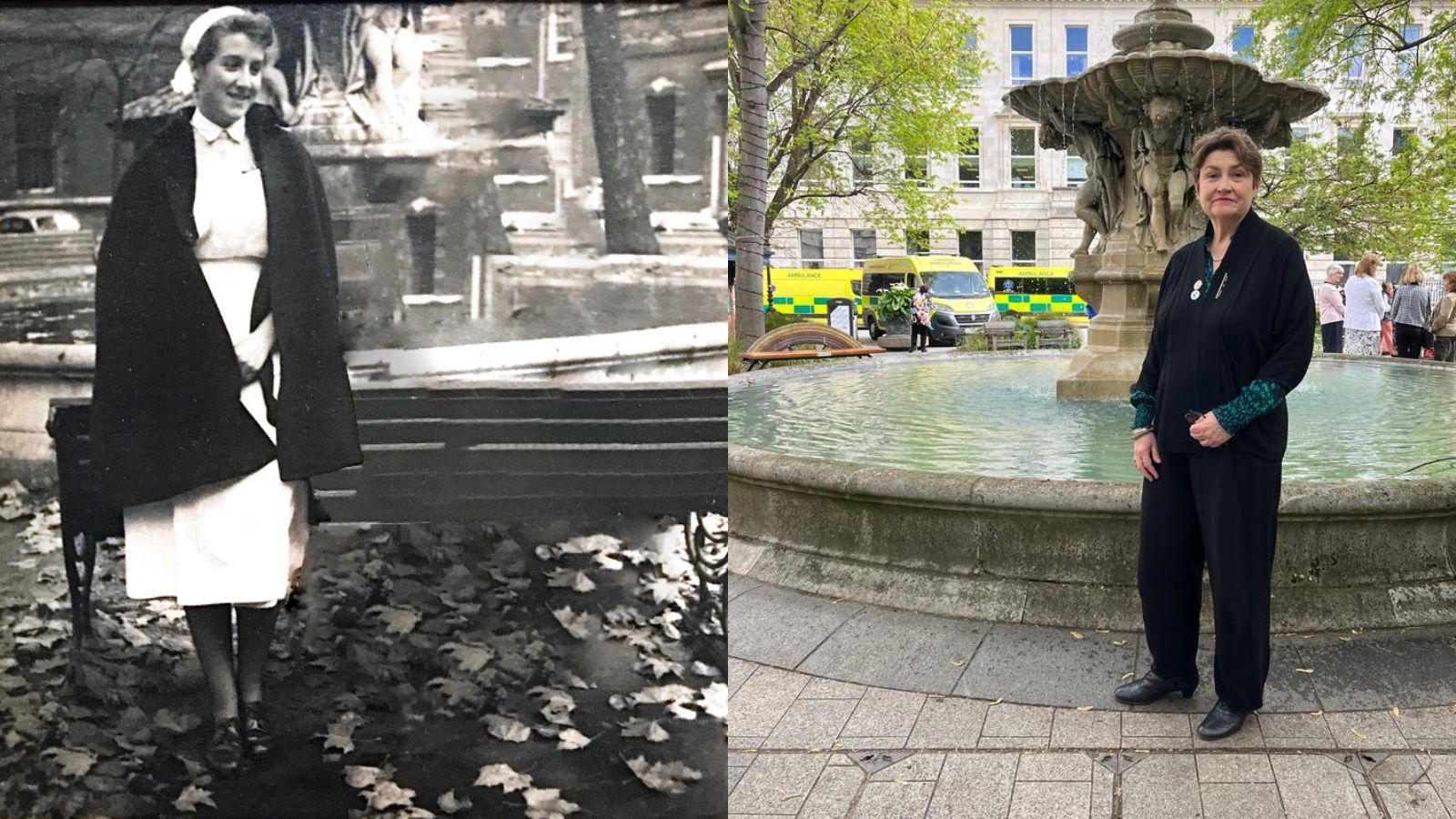 Nurse in the square at Barts circa 1980s and same nurse stood in the spot in present day