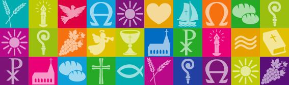 A collection of religious symbols in bright colours