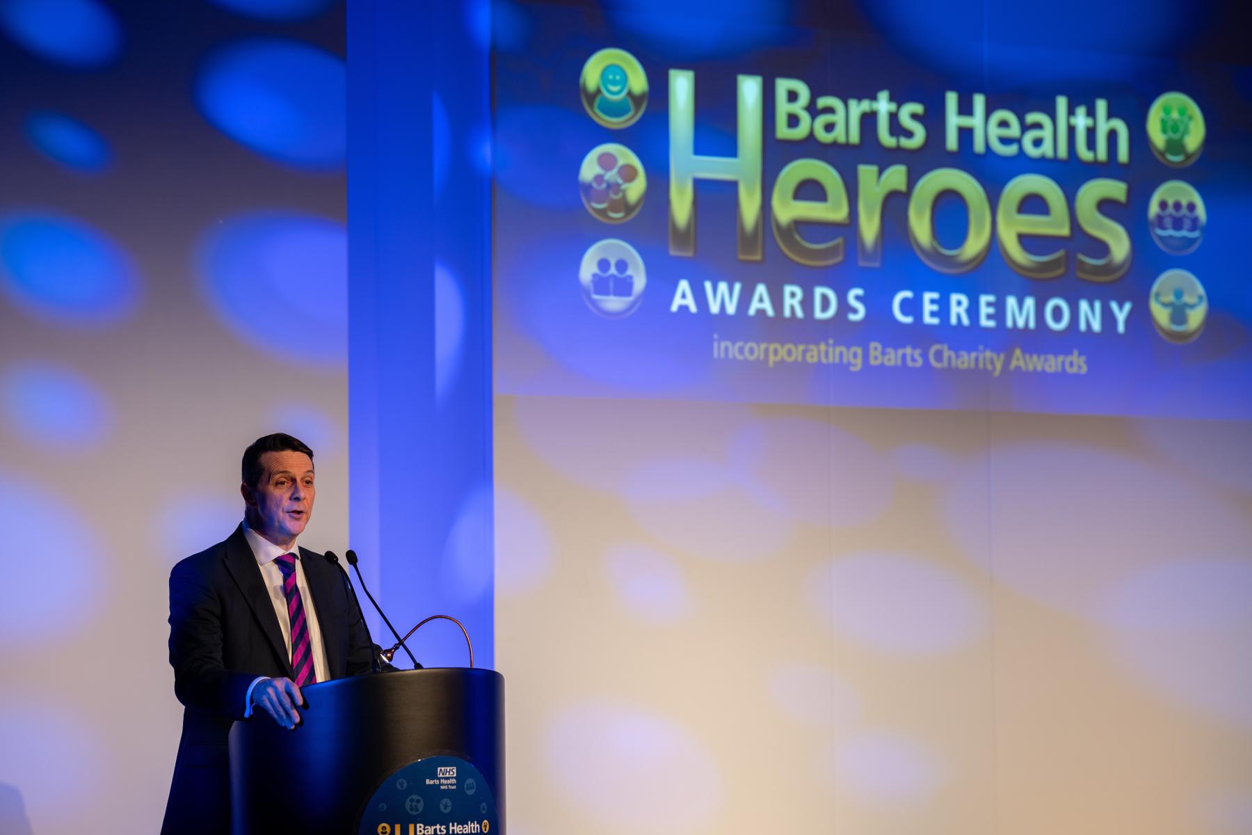 Shane DeGaris speaks at Barts Health Heroes 2024