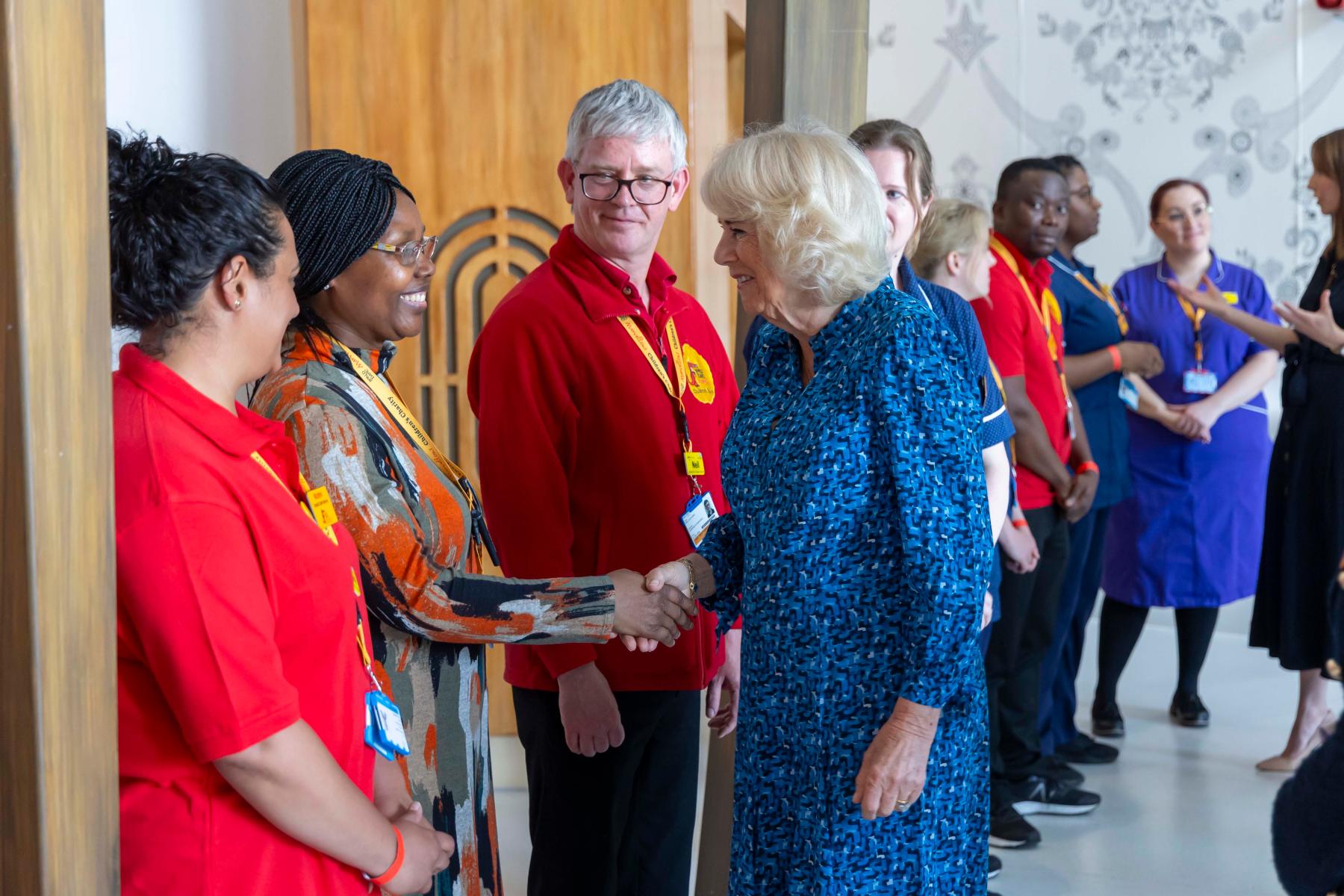 Queen Camilla shaking a nurses hand