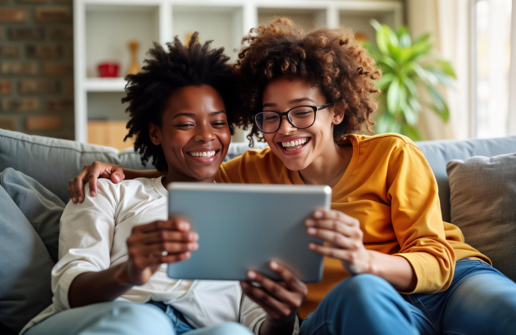 two women looking at a tablet on a sofa