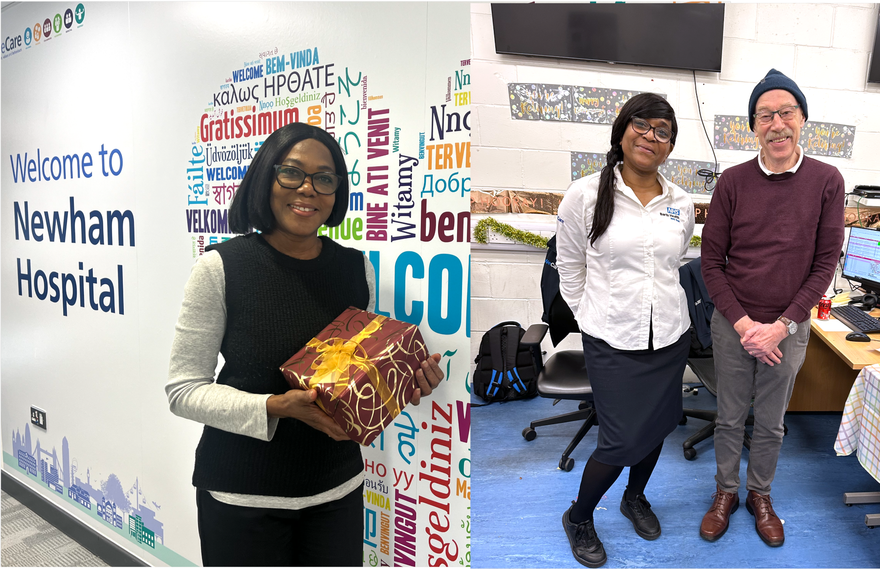 Staff members holding long service gift