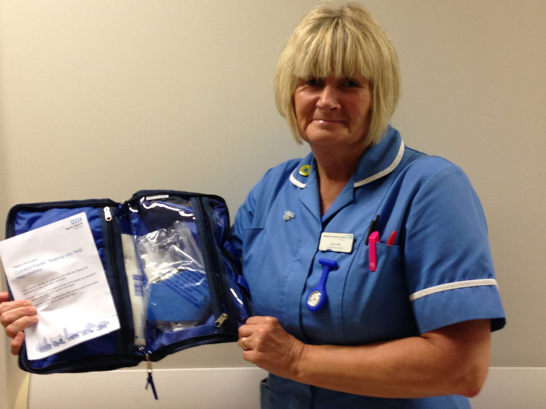 Lynn Holt with one of our comfort packs